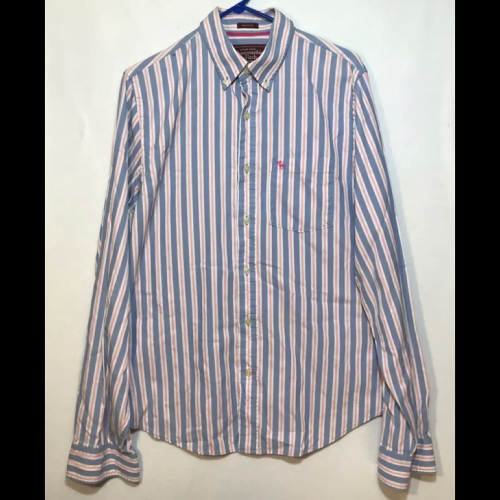 Abercrombie & Fitch XL Blue Pink White Striped Button Down Muscle Cut Cotton